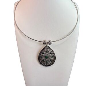 Silver and Green Filigree Pendant Necklace